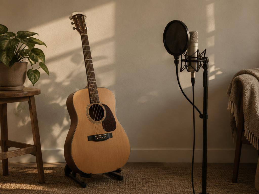Guitare acoustique et micro dans un studio lumineux