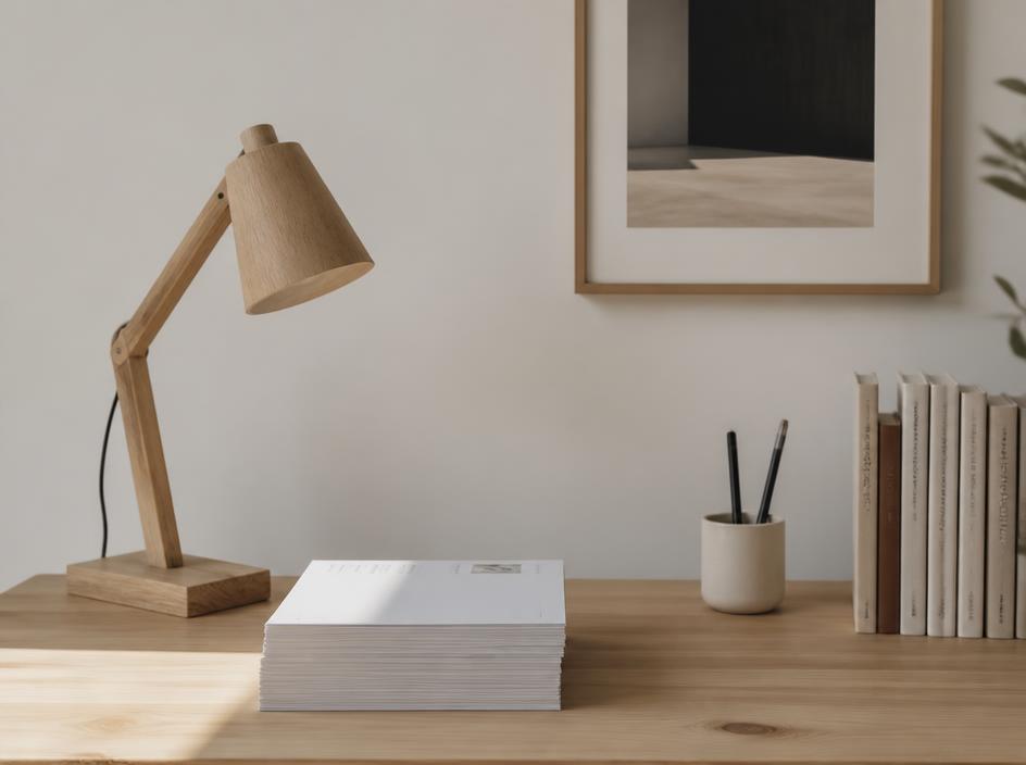 Pile de papiers et lampe de bureau en bois sobre